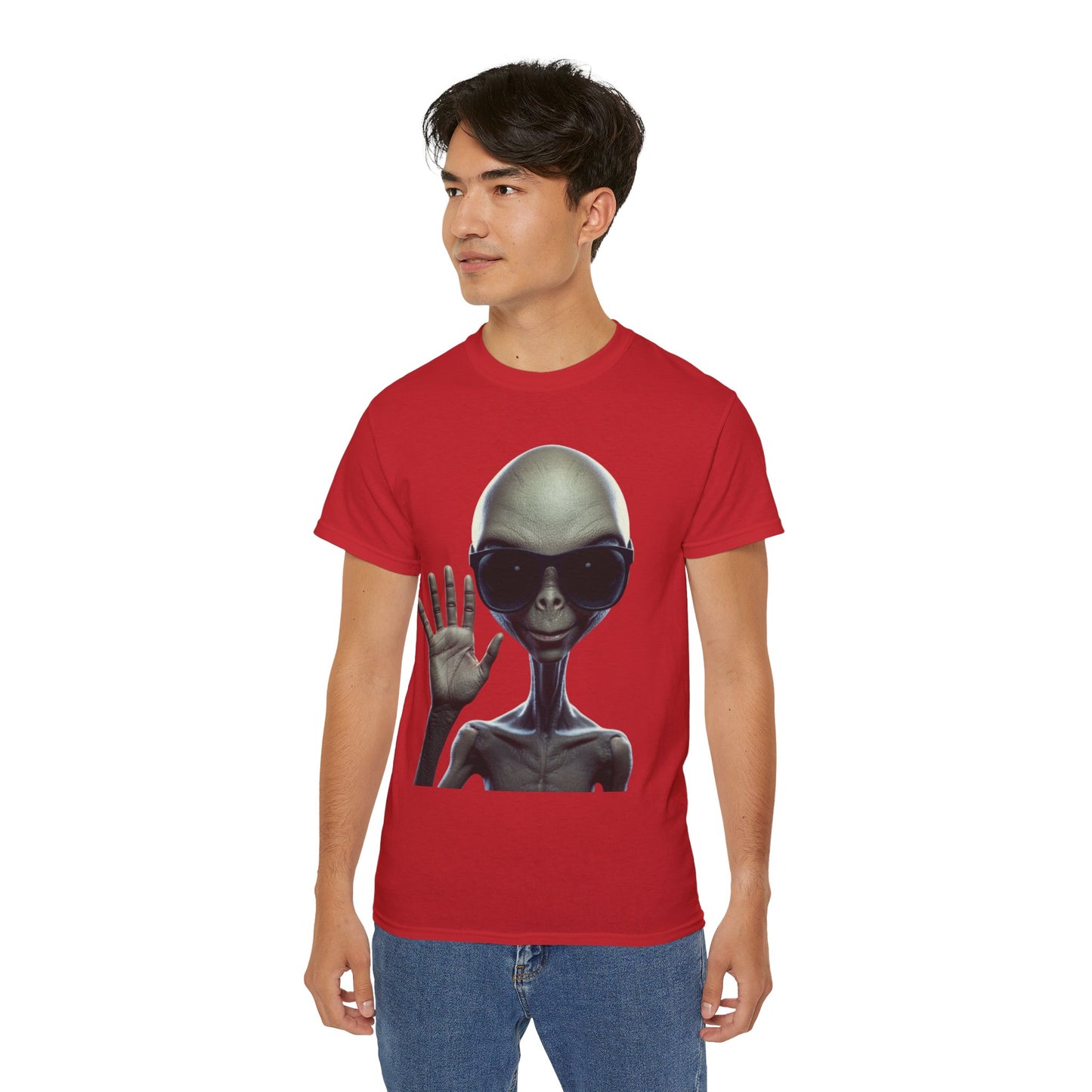 Alien Greeting T-Shirt — Retro Grey Extraterrestrial Waving Graphic Tee