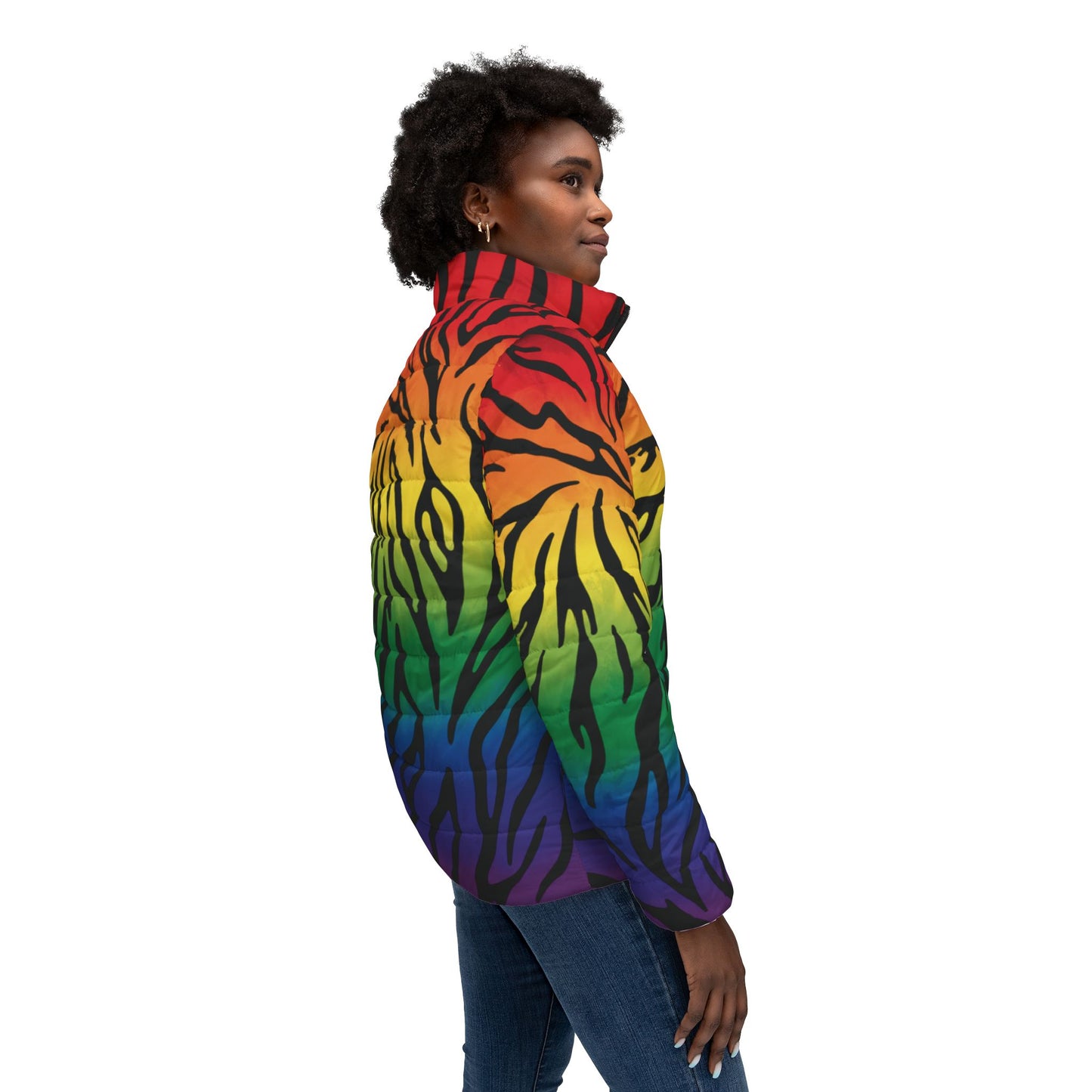 Rainbow Zebra Puffer Jacket — Bold Ombre Animal Print Women’s Coat