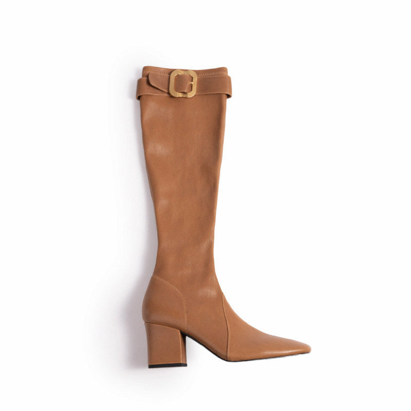 Damen-Stiefel mit 7-cm-Blockabsatz und goldener Schnalle