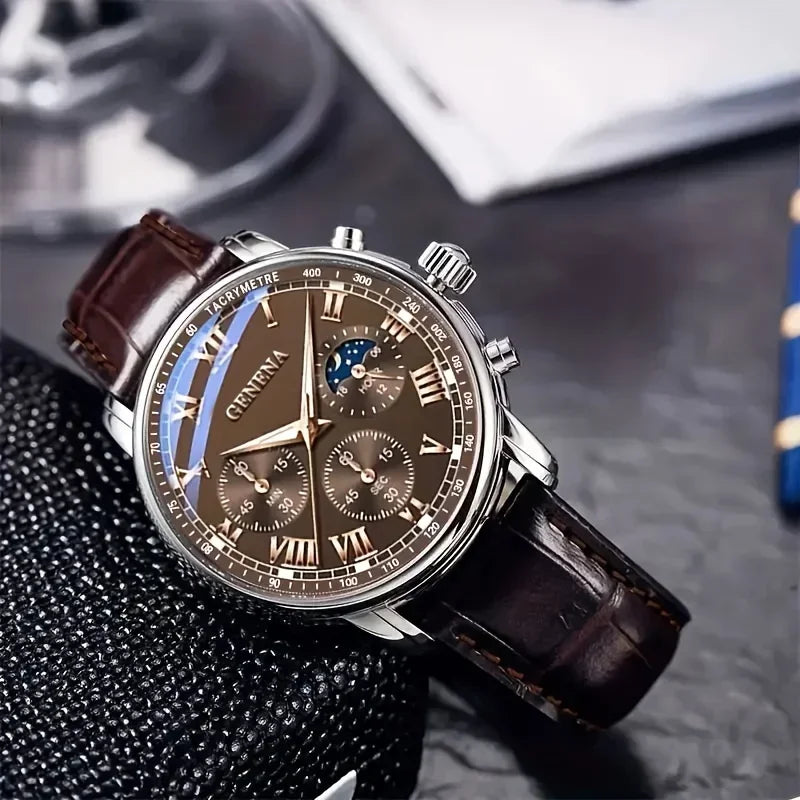 Fashion Leather Strap Men Business Watches round Dial Male'S Analog Quartz Wristwatch Reloj Hombre（Without Box）
