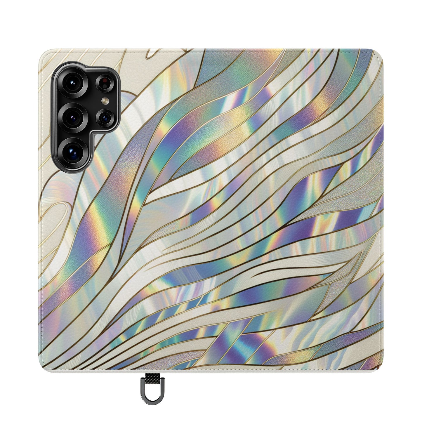 Holographic Wave Flip Phone Case — Iridescent Marble Wallet Cover