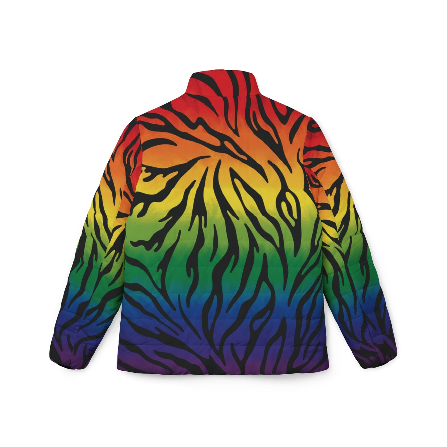 Rainbow Zebra Puffer Jacket — Bold Ombre Animal Print Women’s Coat