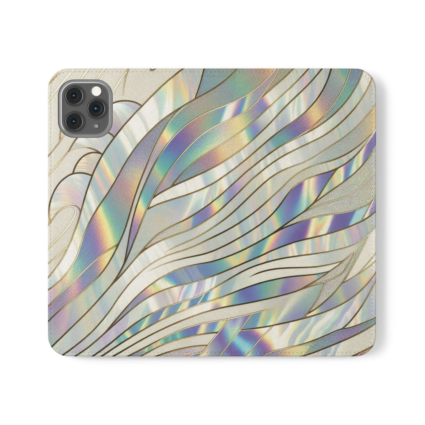 Holographic Wave Flip Phone Case — Iridescent Marble Wallet Cover