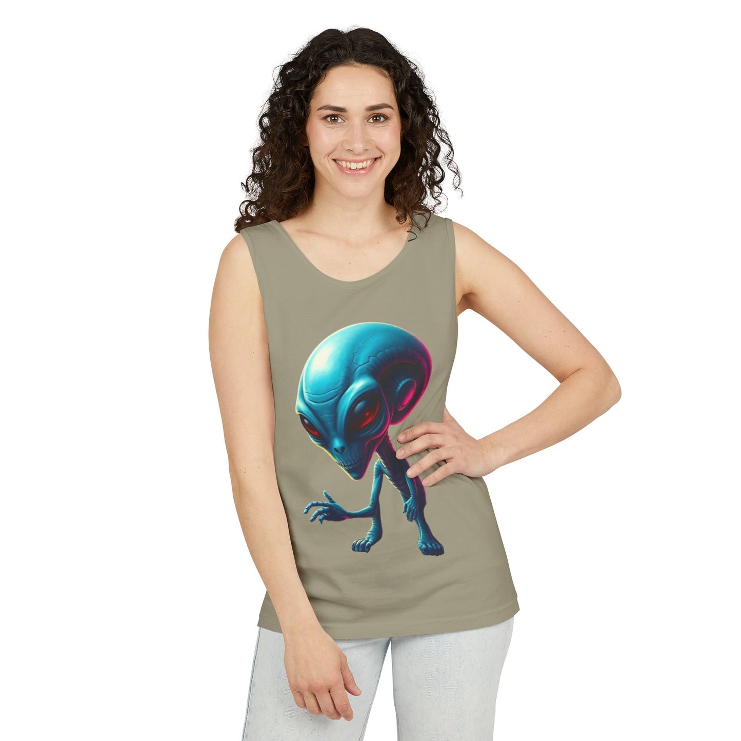 Alien Graphic Tank Top — Neon Blue Extraterrestrial Illustration