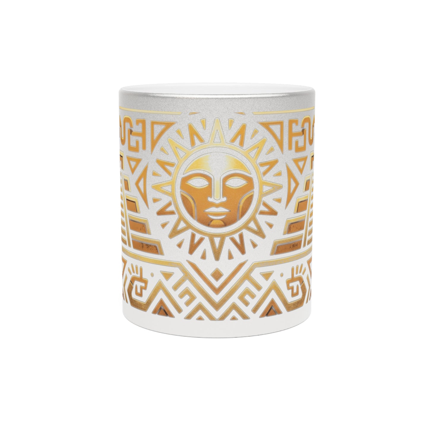 Aztec Sun Metallic Mug — Gold & Silver Tribal Ceramic Coffee Cup