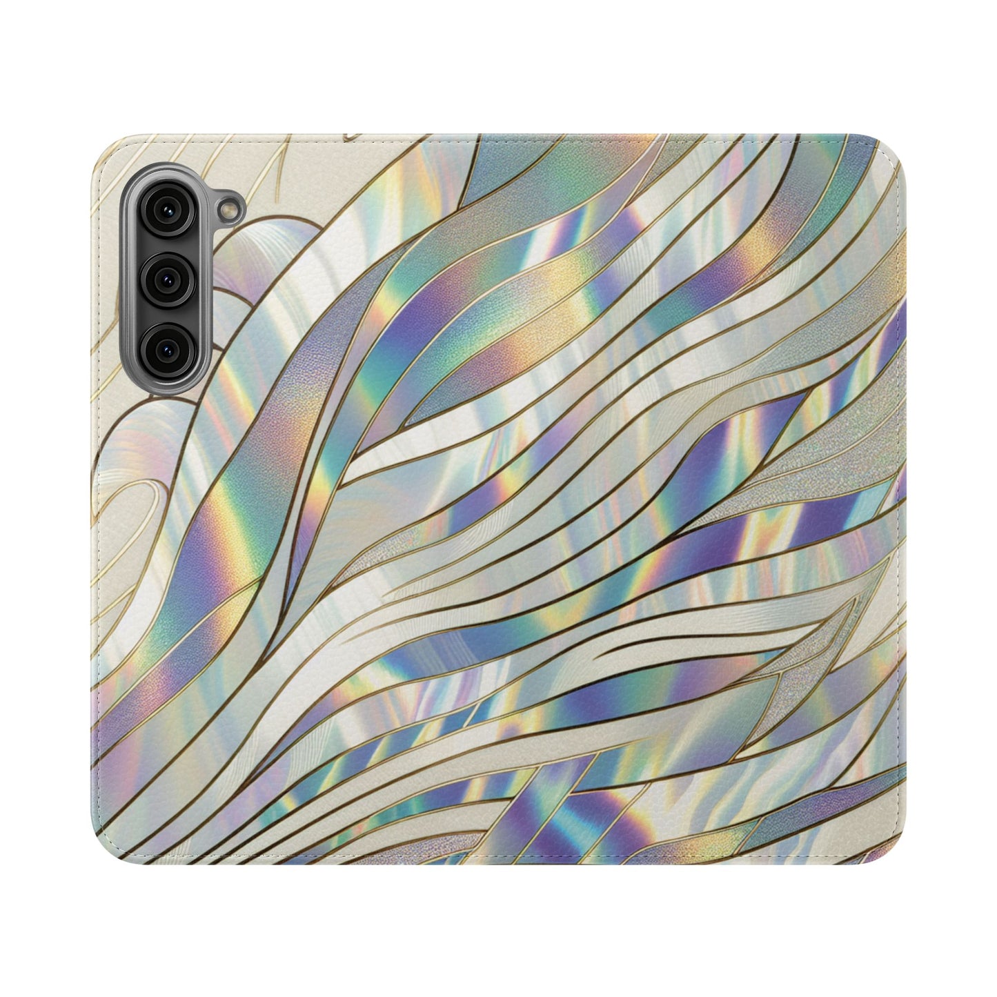 Holographic Wave Flip Phone Case — Iridescent Marble Wallet Cover
