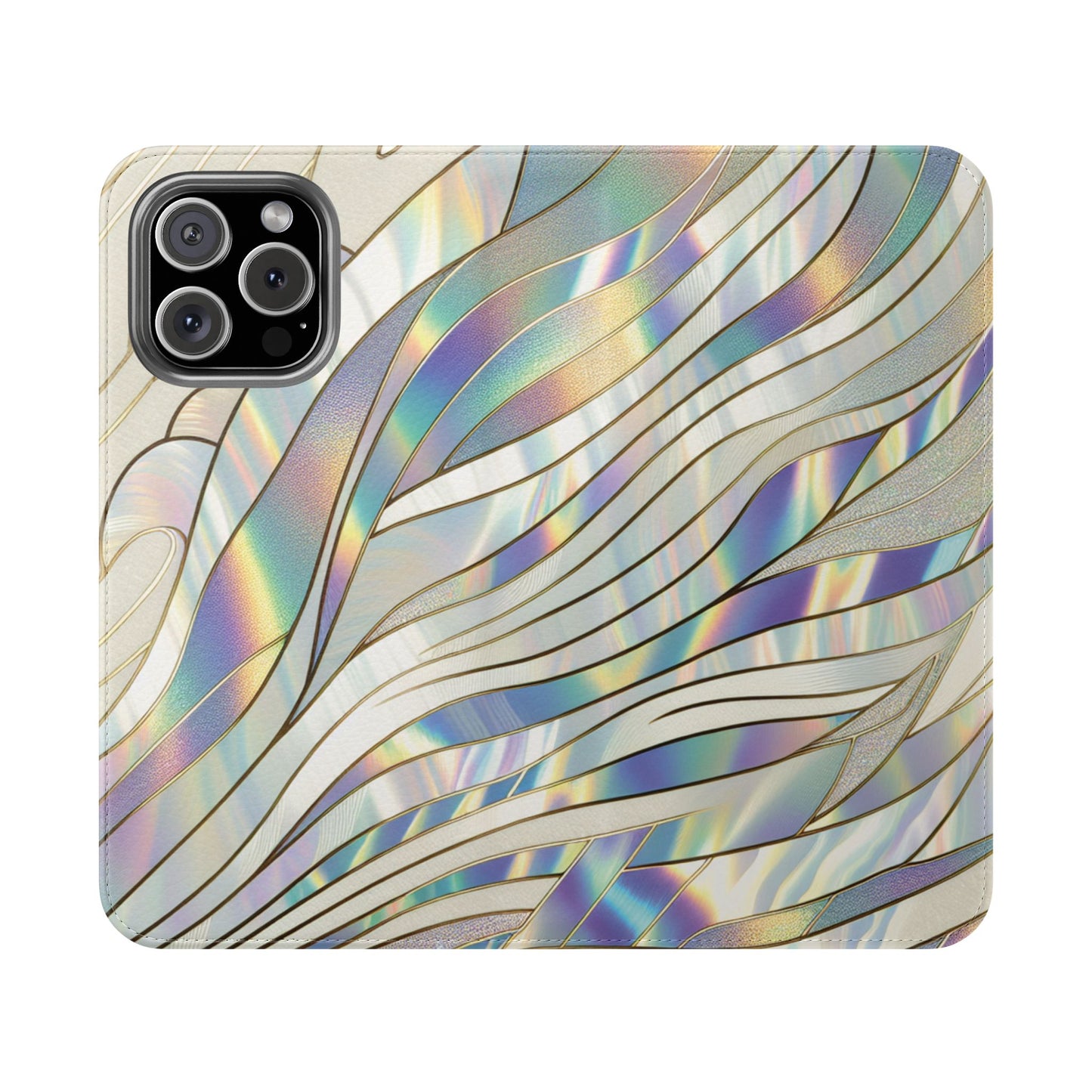 Holographic Wave Flip Phone Case — Iridescent Marble Wallet Cover