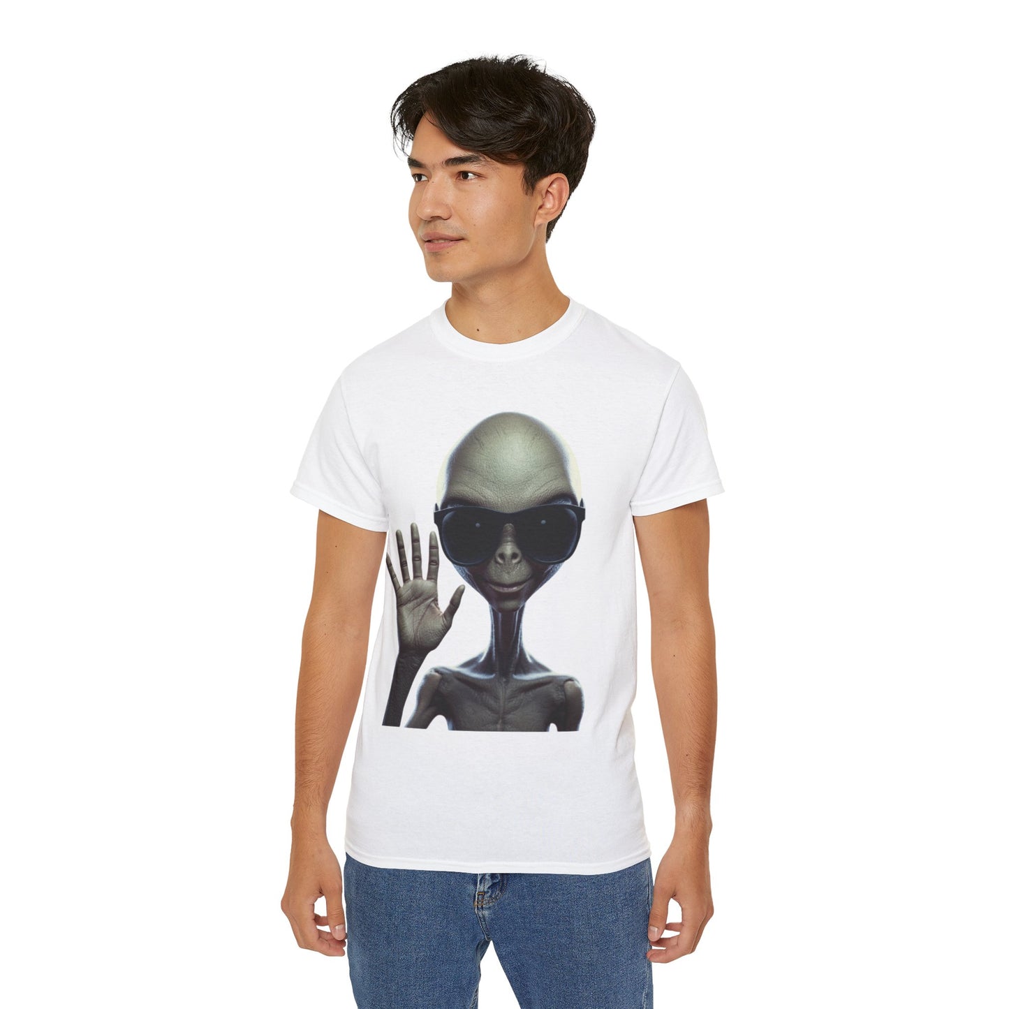 Alien Greeting T-Shirt — Retro Grey Extraterrestrial Waving Graphic Tee