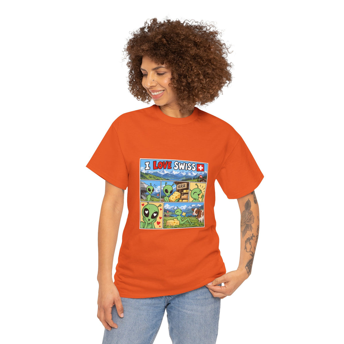 Swiss Comic T-Shirt mit Alien & Kuh – Schweiz Souvenir