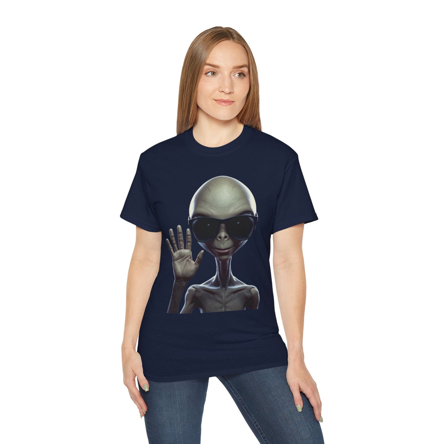 Alien Greeting T-Shirt — Retro Grey Extraterrestrial Waving Graphic Tee