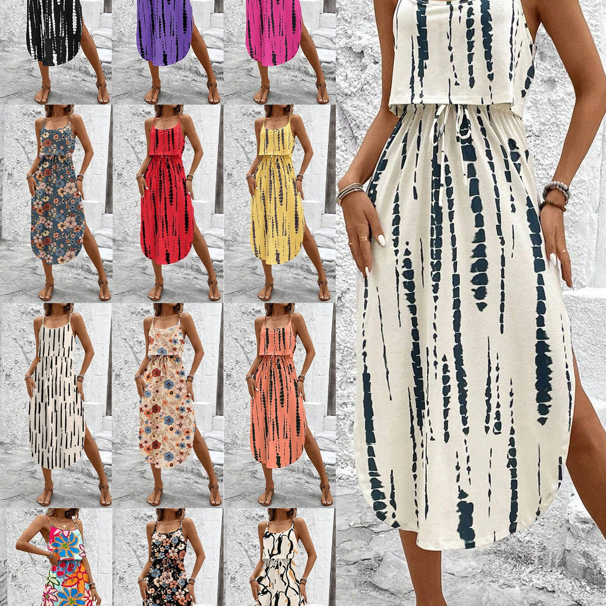 Damen Trägerkleid mit Print – Midi-Kleid in vielen Farben & Mustern