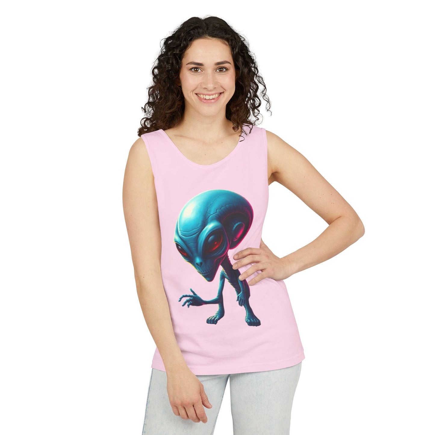 Alien Graphic Tank Top — Neon Blue Extraterrestrial Illustration