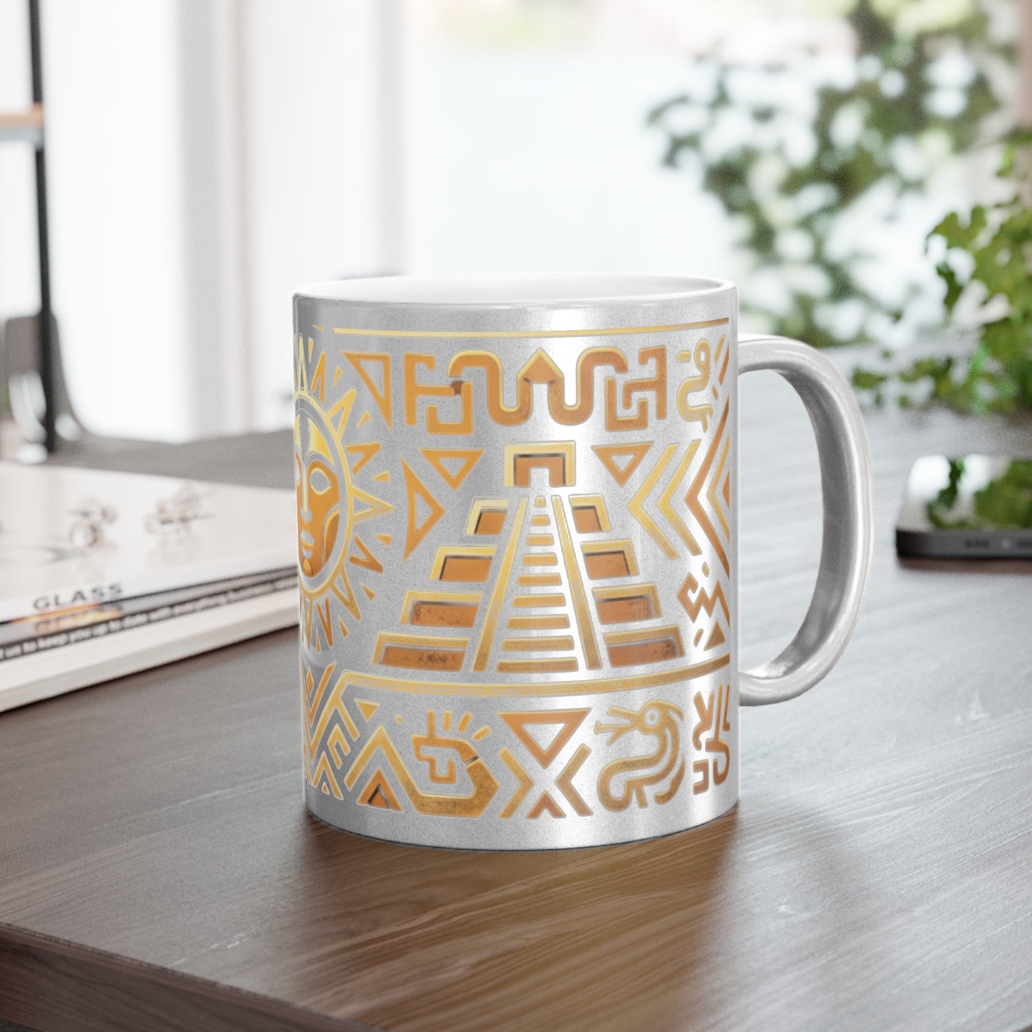 Aztec Sun Metallic Mug — Gold & Silver Tribal Ceramic Coffee Cup