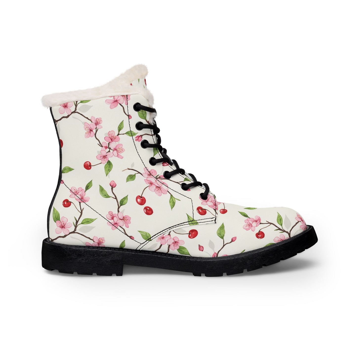 Floral Cherry Fur-Lined Leather Boots — Women's Cozy Winter Lace-Up