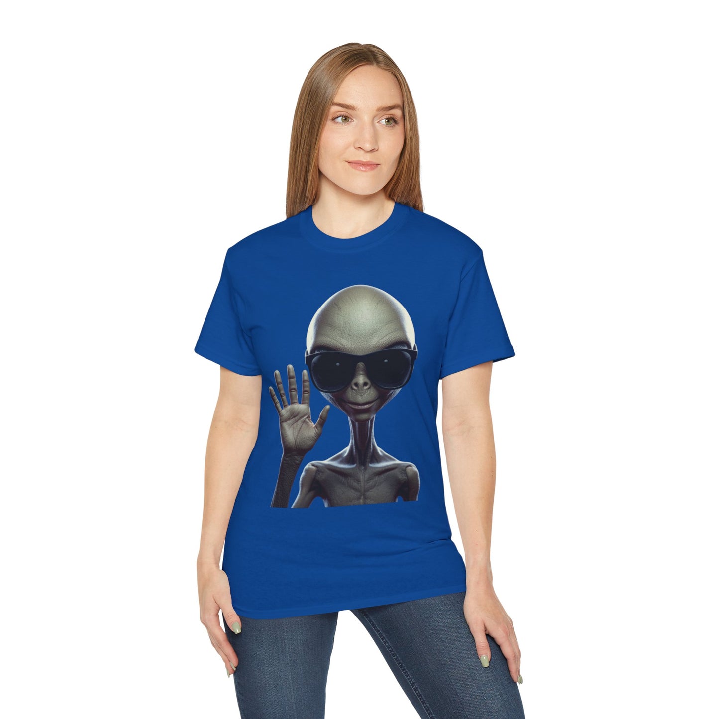 Alien Greeting T-Shirt — Retro Grey Extraterrestrial Waving Graphic Tee