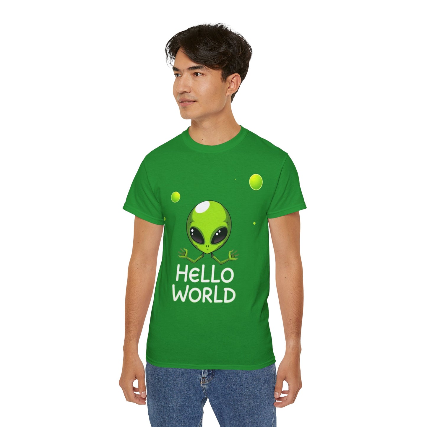 Alien Graphic Tee – "Hello World" Cute Green Alien T‑Shirt