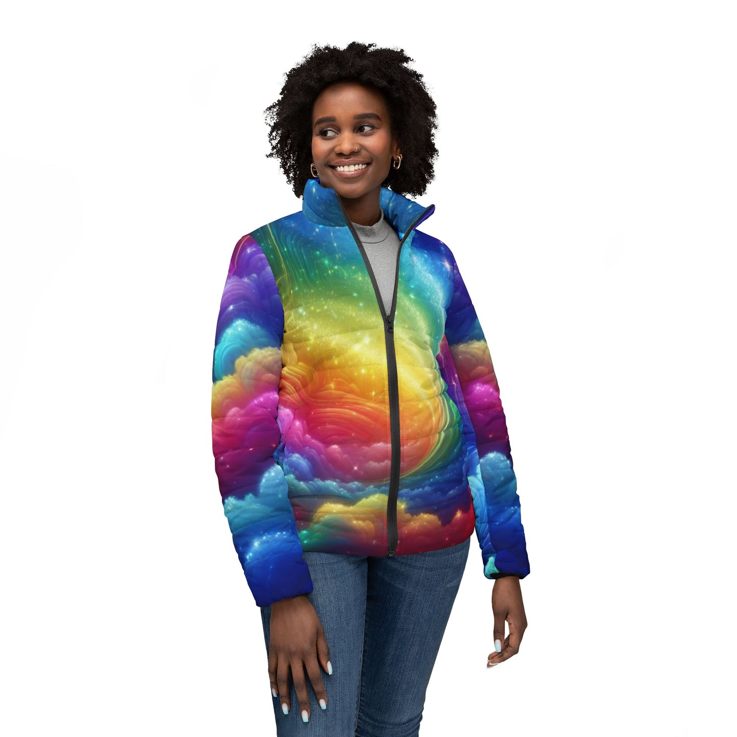 Women’s Rainbow Galaxy Puffer Jacket — Colorful Swirl All-Over Print