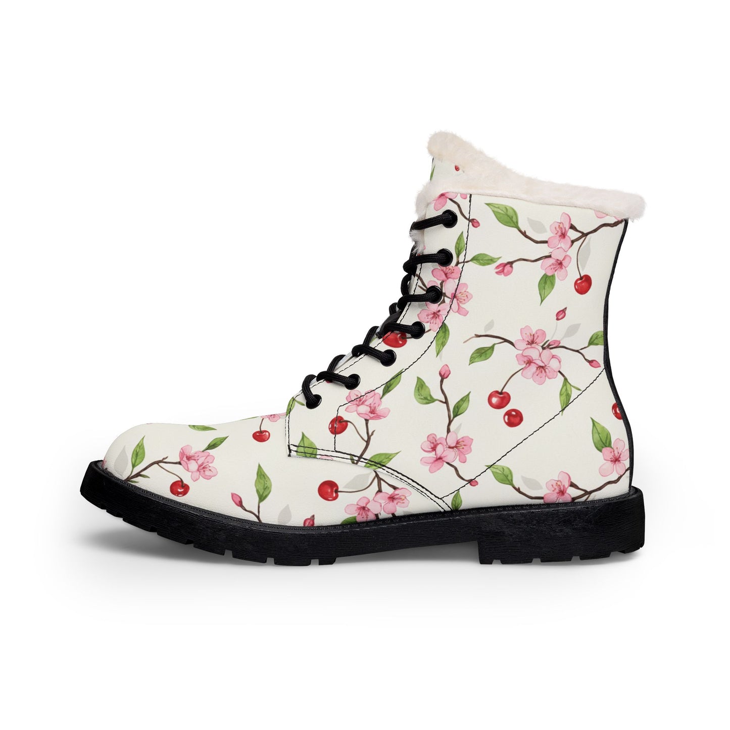 Floral Cherry Fur-Lined Leather Boots — Women's Cozy Winter Lace-Up