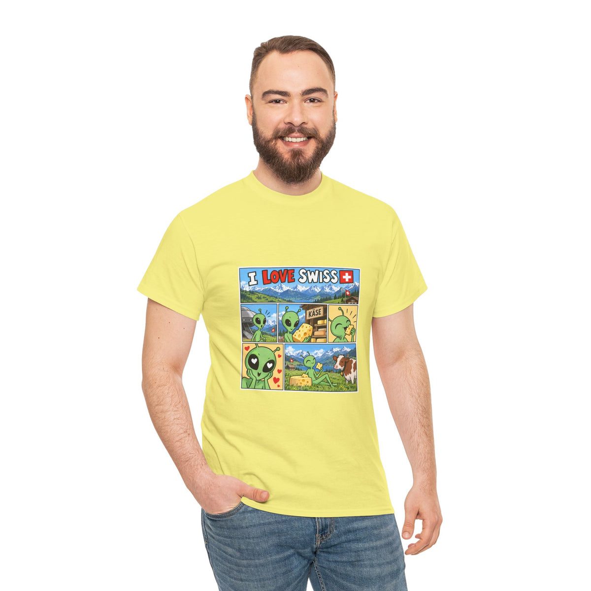 Swiss Comic T-Shirt mit Alien & Kuh – Schweiz Souvenir