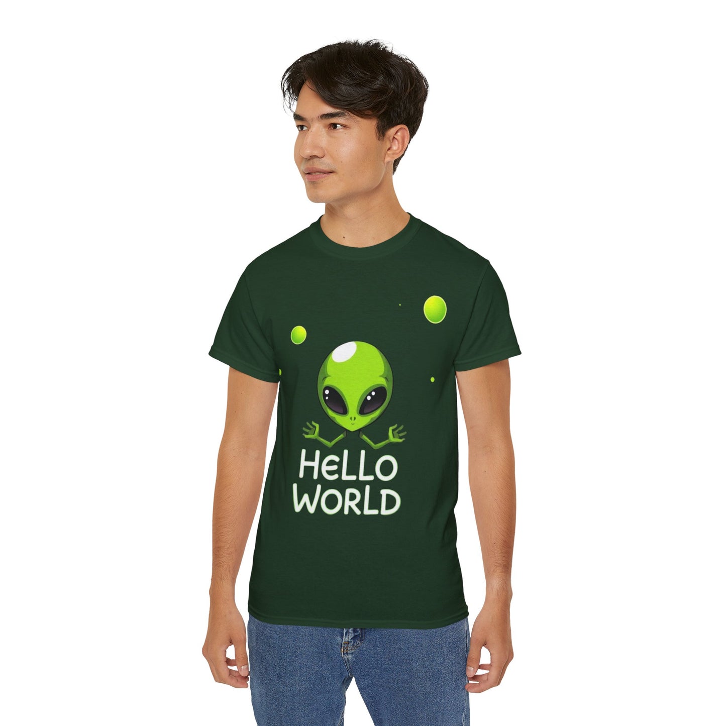 Alien Graphic Tee – "Hello World" Cute Green Alien T‑Shirt
