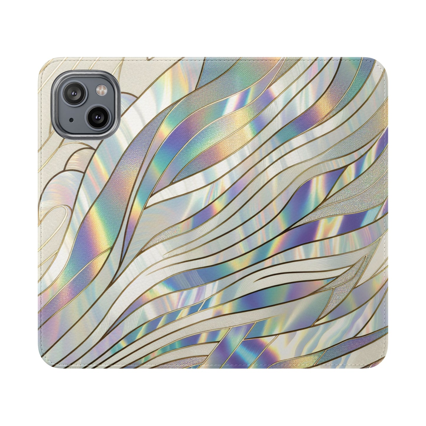 Holographic Wave Flip Phone Case — Iridescent Marble Wallet Cover