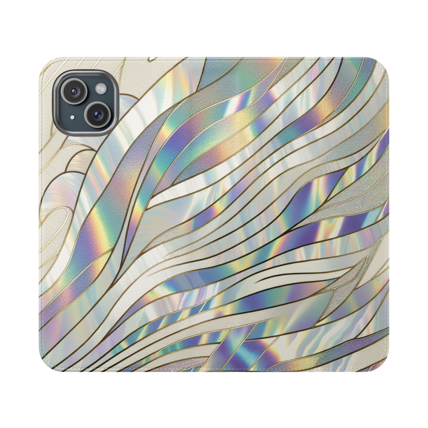 Holographic Wave Flip Phone Case — Iridescent Marble Wallet Cover