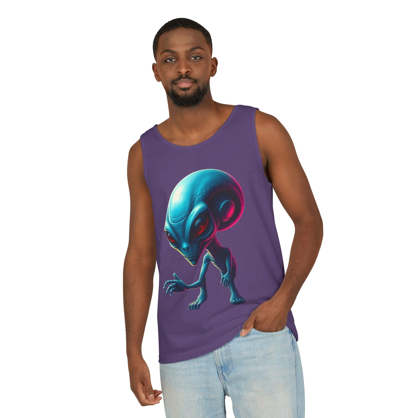 Alien Graphic Tank Top — Neon Blue Extraterrestrial Illustration