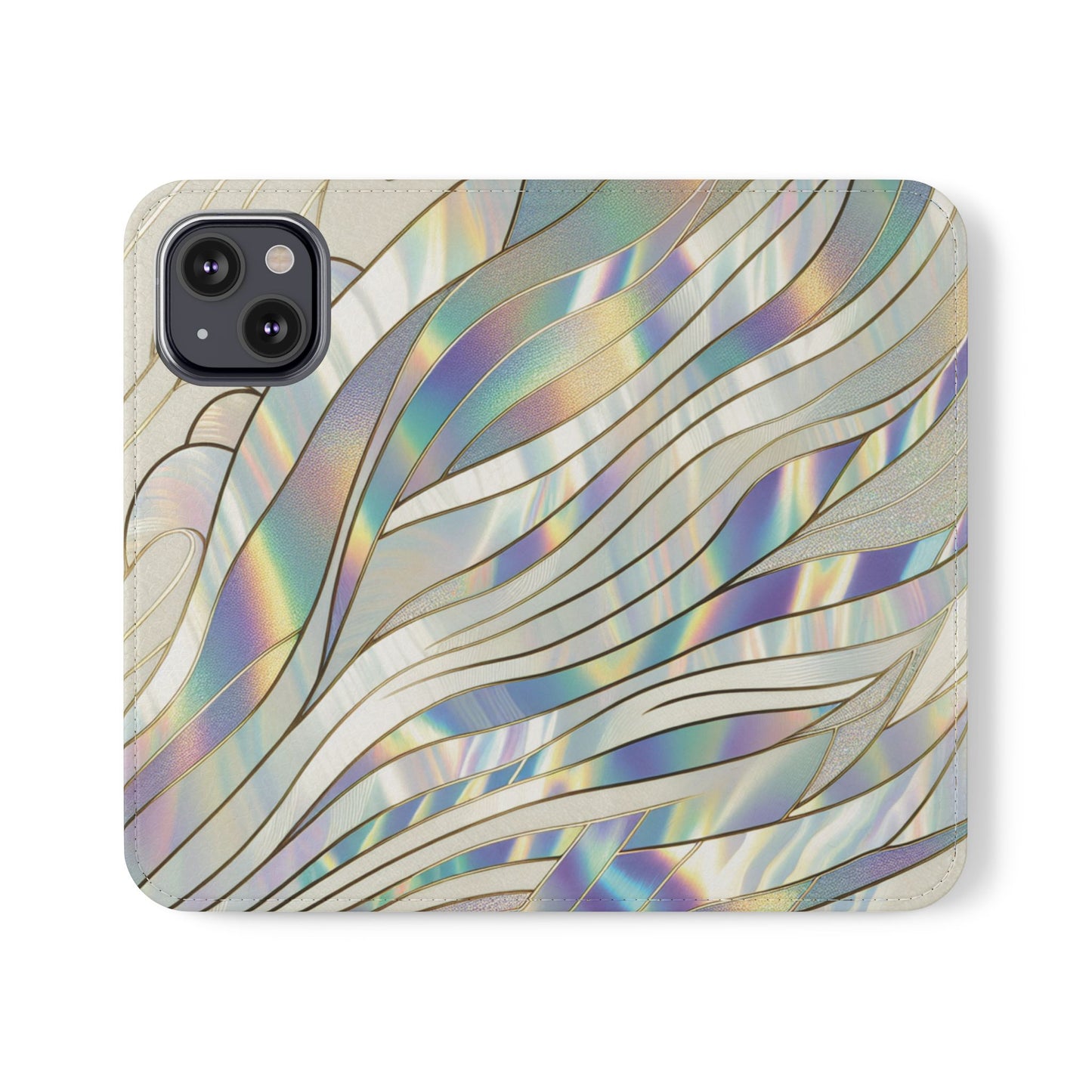 Holographic Wave Flip Phone Case — Iridescent Marble Wallet Cover