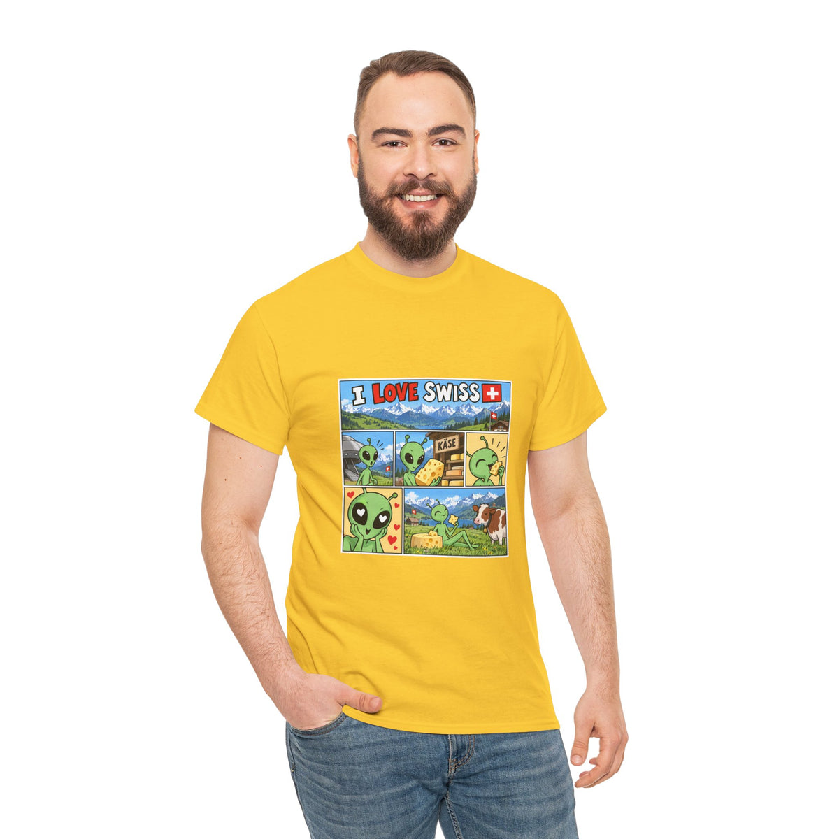 Swiss Comic T-Shirt mit Alien & Kuh – Schweiz Souvenir