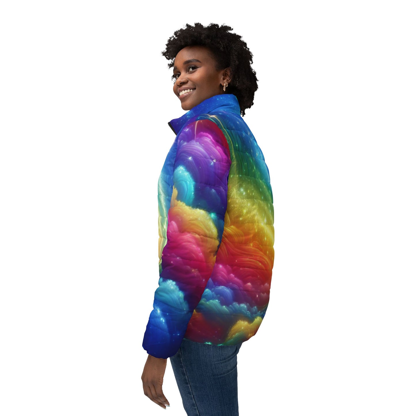 Women’s Rainbow Galaxy Puffer Jacket — Colorful Swirl All-Over Print