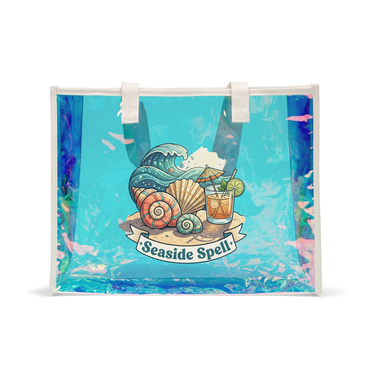 Holographic Beach Tote Bag — 'Seaside Spell' Iridescent Shopper