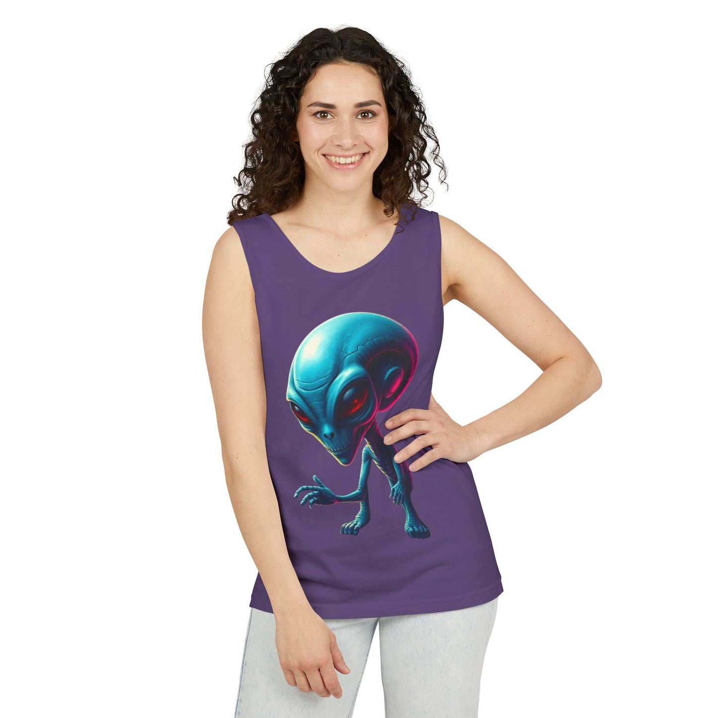 Alien Graphic Tank Top — Neon Blue Extraterrestrial Illustration