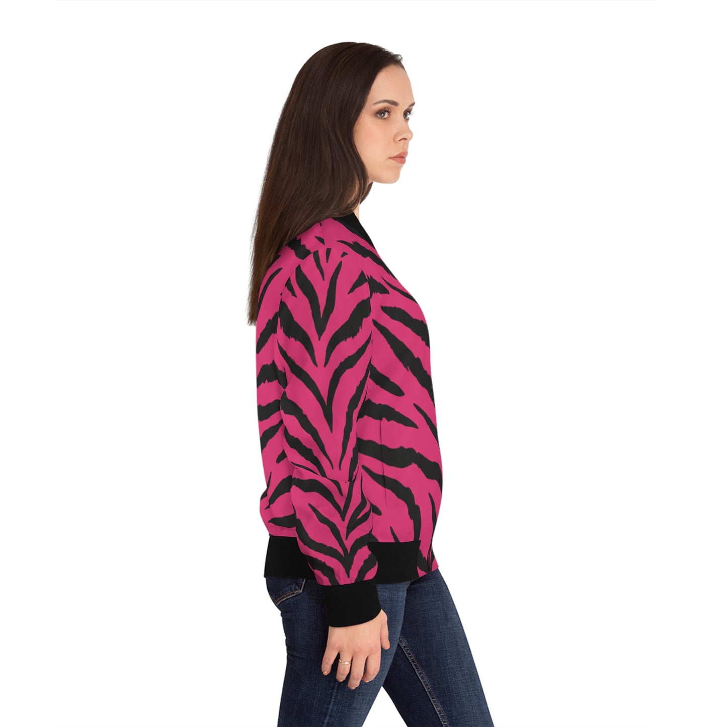 Pink Tiger Stripe Bomber Jacket — Women's Printed Animal-Print AOP Jacket