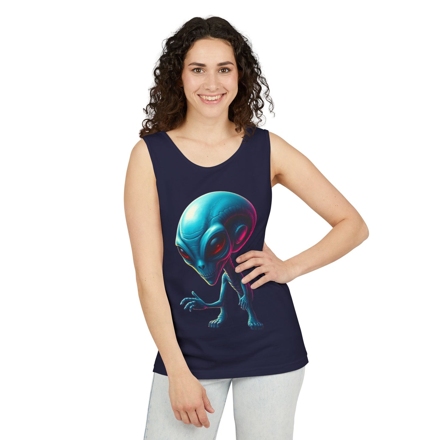 Alien Graphic Tank Top — Neon Blue Extraterrestrial Illustration