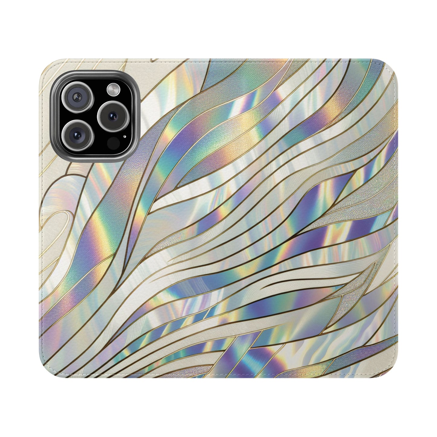 Holographic Wave Flip Phone Case — Iridescent Marble Wallet Cover