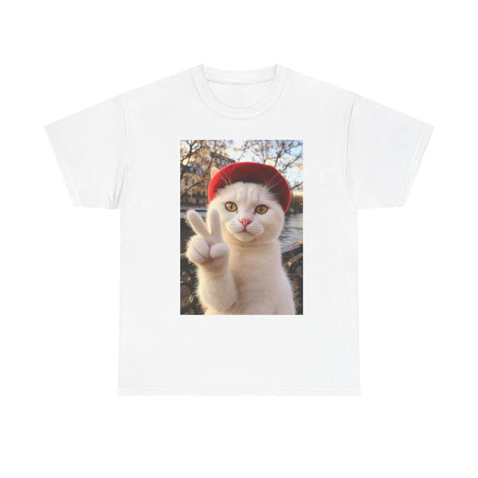 Playful Cat Peace Tee - Unisex Heavy Cotton Shirt, Cute Cat T-Shirt, Animal Lover Gift, Fun Graphic Tee, Unique Cat Gift