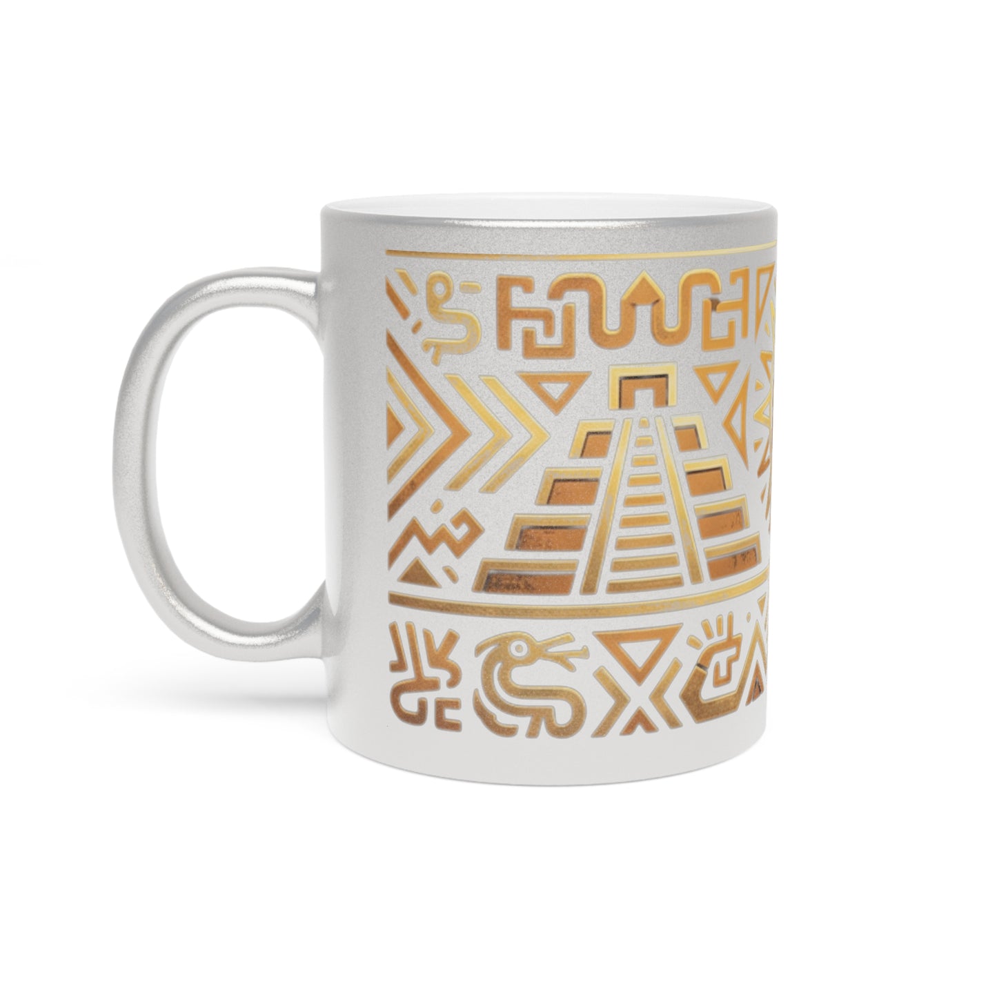 Aztec Sun Metallic Mug — Gold & Silver Tribal Ceramic Coffee Cup