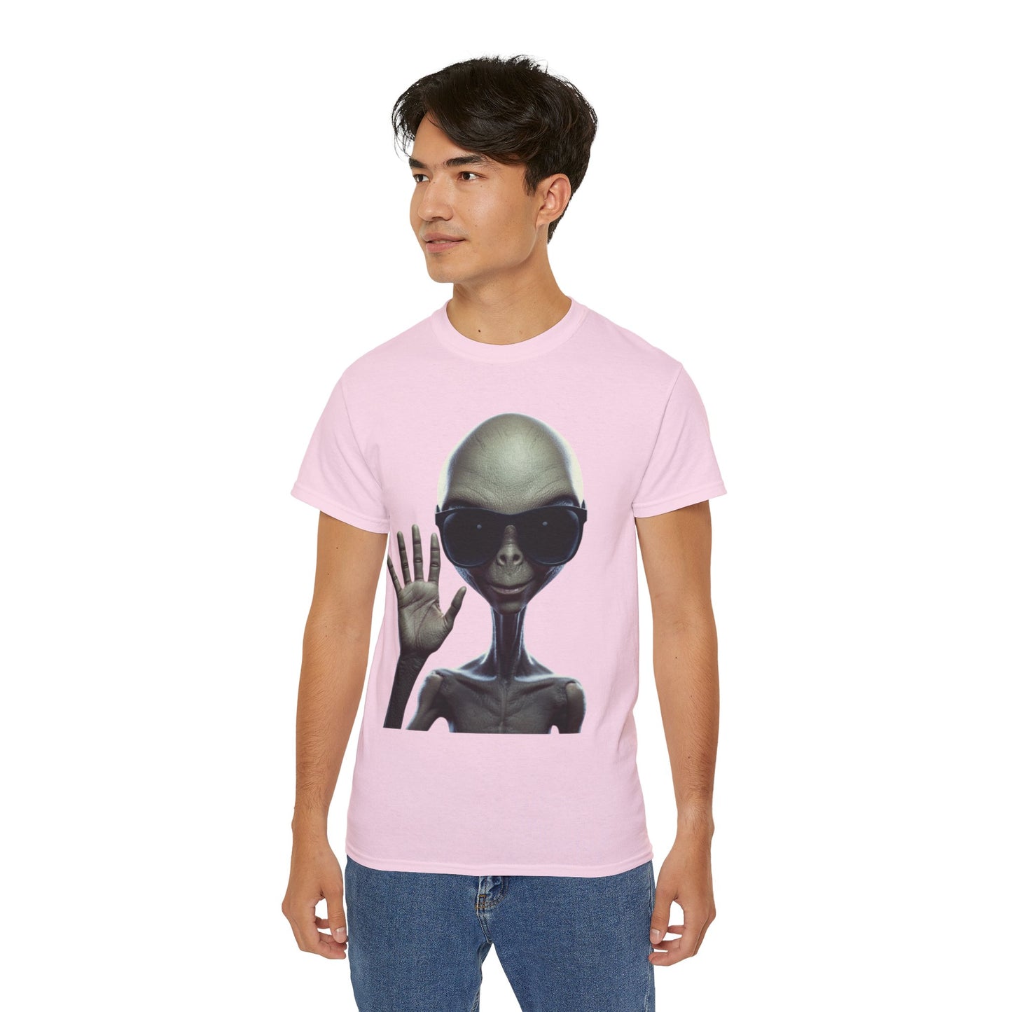 Alien Greeting T-Shirt — Retro Grey Extraterrestrial Waving Graphic Tee