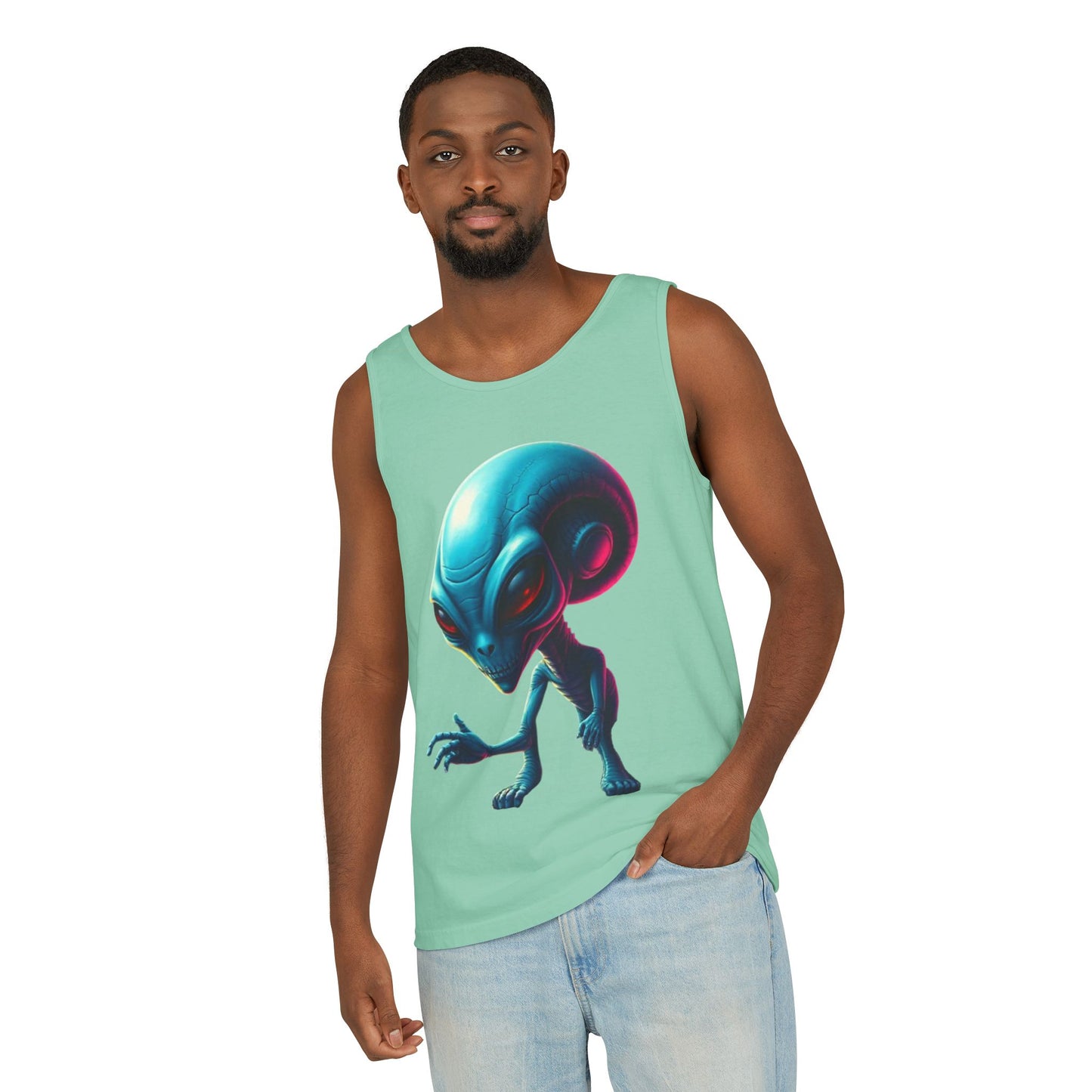 Alien Graphic Tank Top — Neon Blue Extraterrestrial Illustration