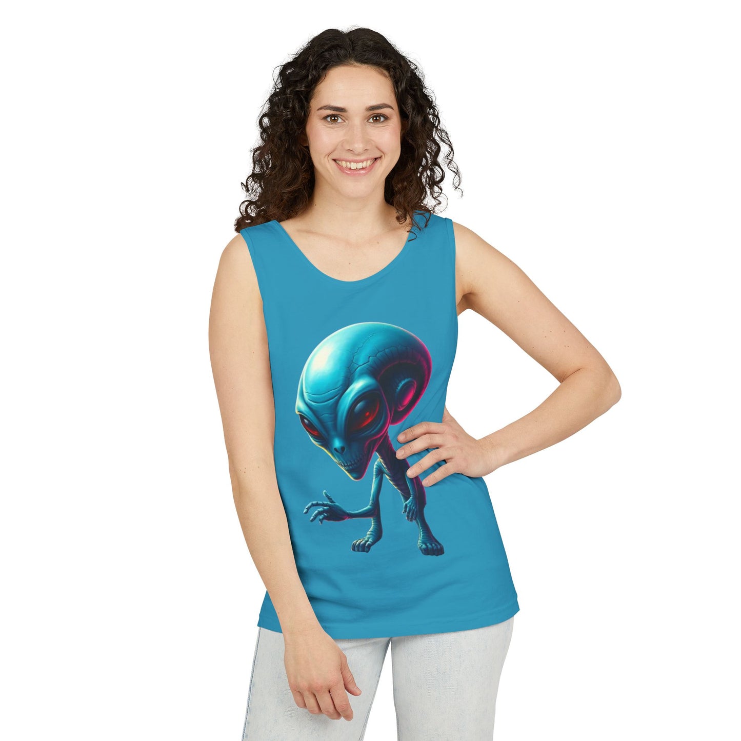 Alien Graphic Tank Top — Neon Blue Extraterrestrial Illustration