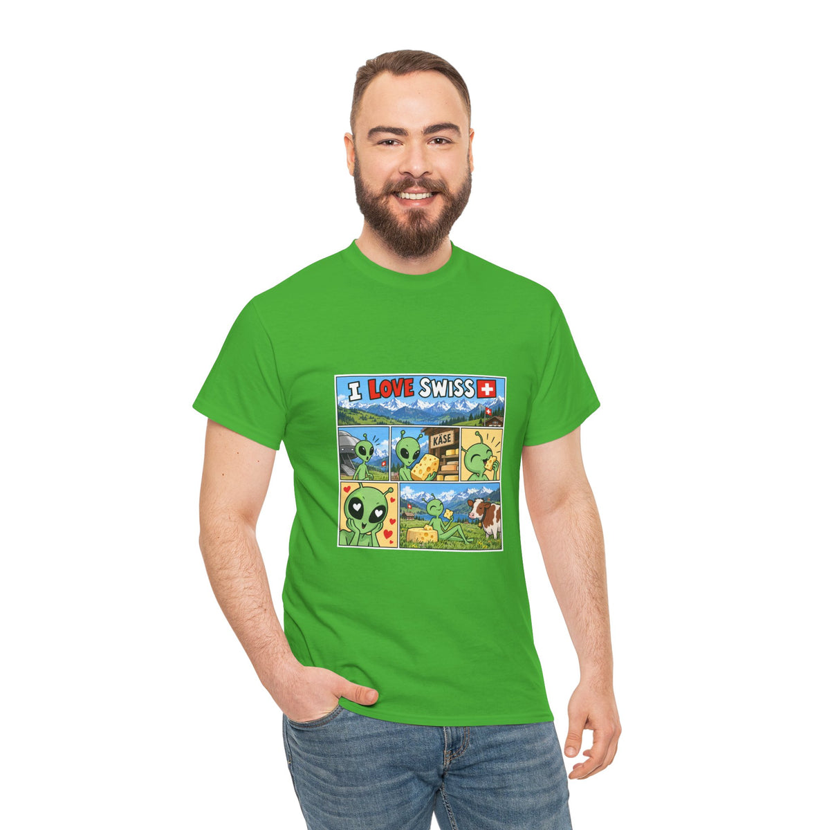 Swiss Comic T-Shirt mit Alien & Kuh – Schweiz Souvenir