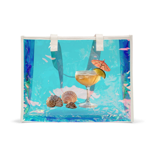 Holographic Beach Tote Bag — Iridescent Seashell & Cocktail Clear Carryall