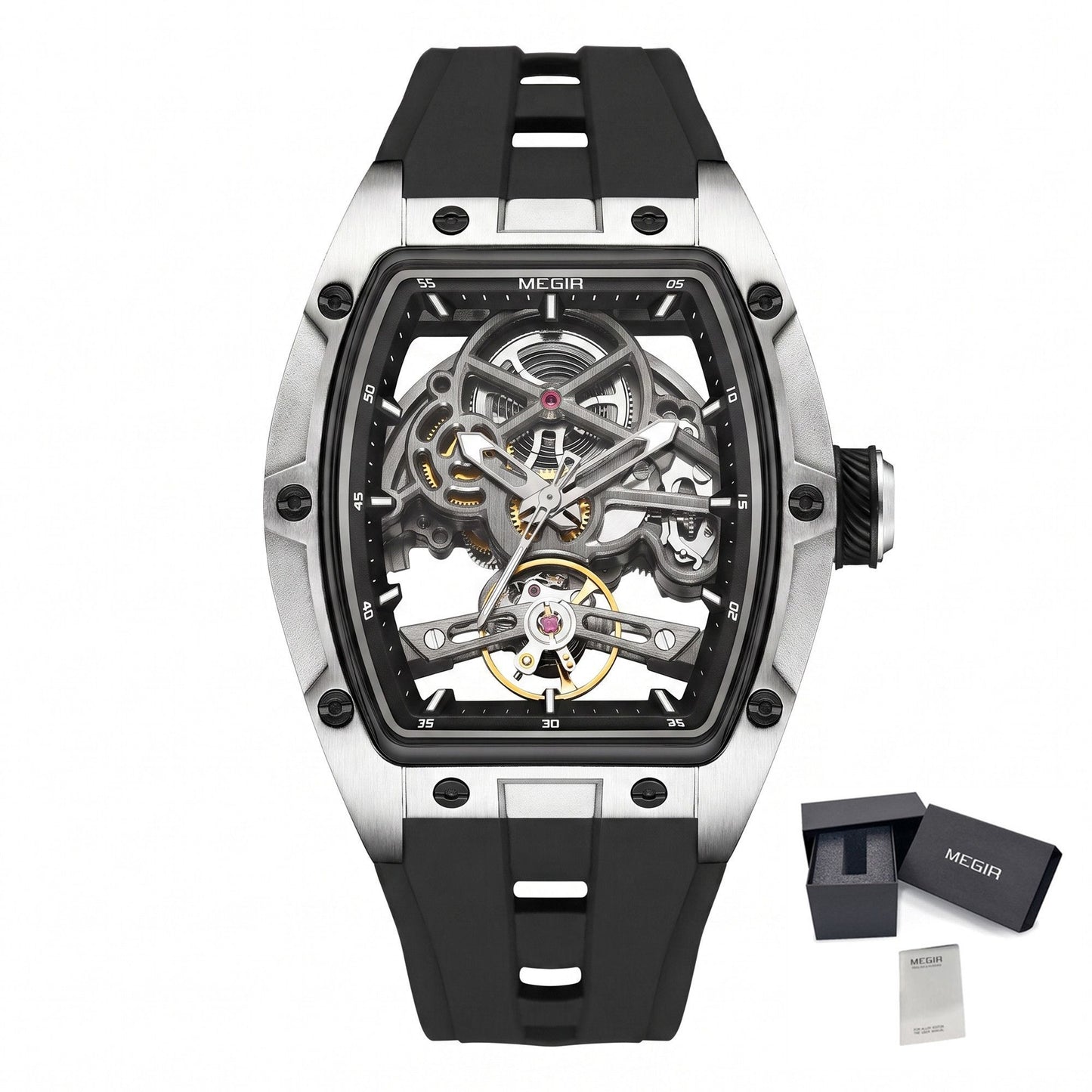MEGIR Original Fashion Men Watches Automatic Mechanical Watch Steel Case Sport Skeleton Dial Wristwatch Waterproof Clock Reloj Hombre 2242