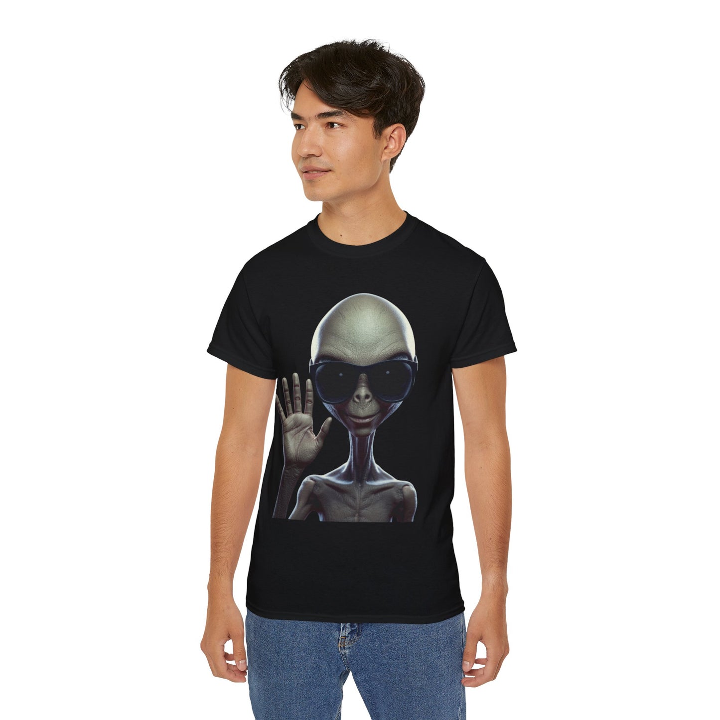 Alien Greeting T-Shirt — Retro Grey Extraterrestrial Waving Graphic Tee
