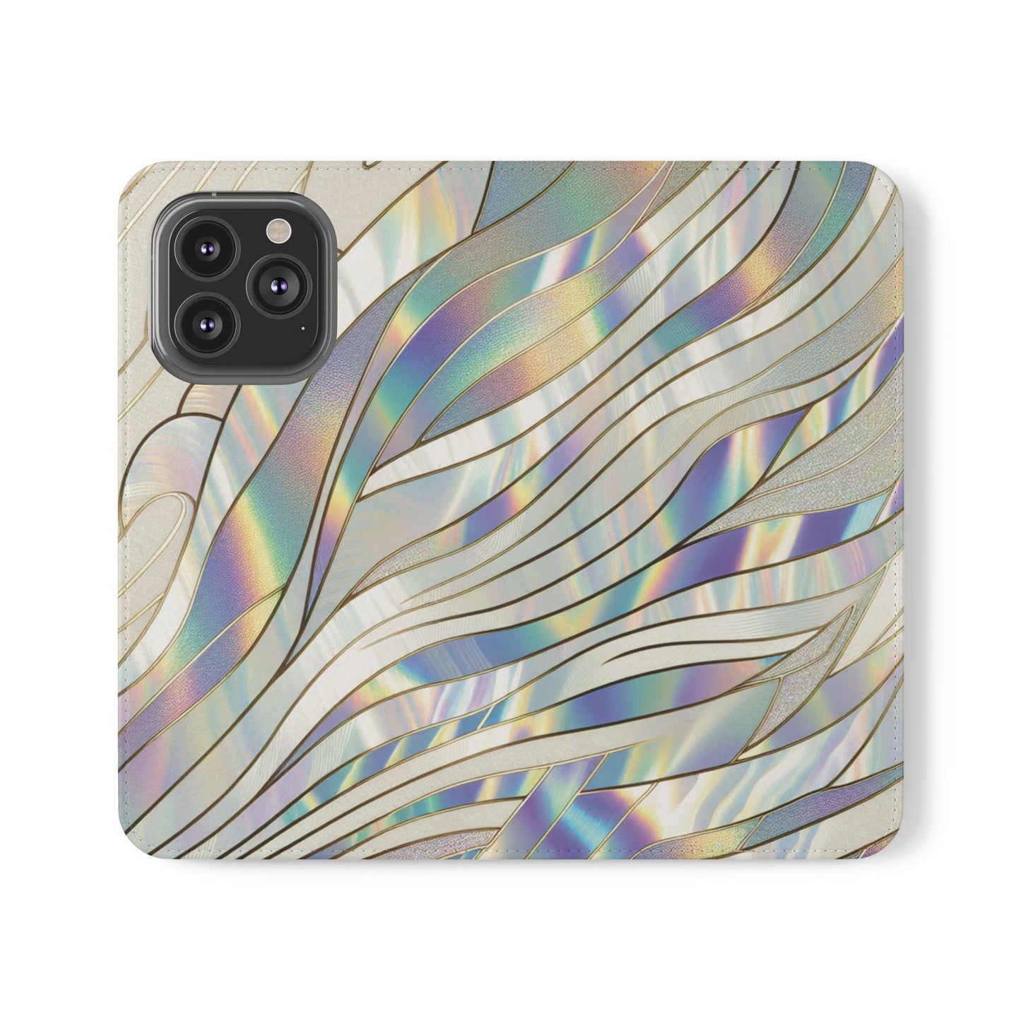 Holographic Wave Flip Phone Case — Iridescent Marble Wallet Cover
