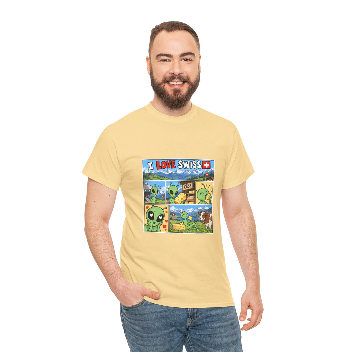 Swiss Comic T-Shirt mit Alien & Kuh – Schweiz Souvenir