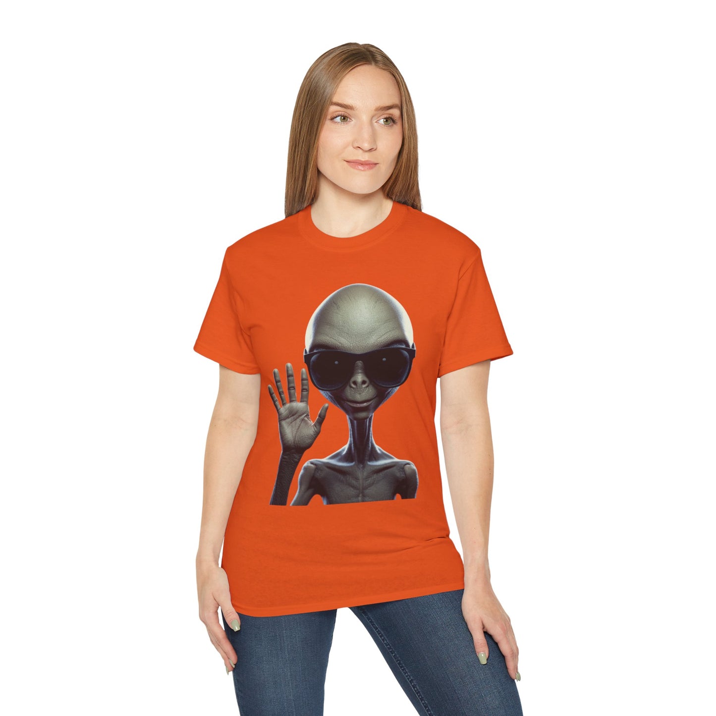 Alien Greeting T-Shirt — Retro Grey Extraterrestrial Waving Graphic Tee