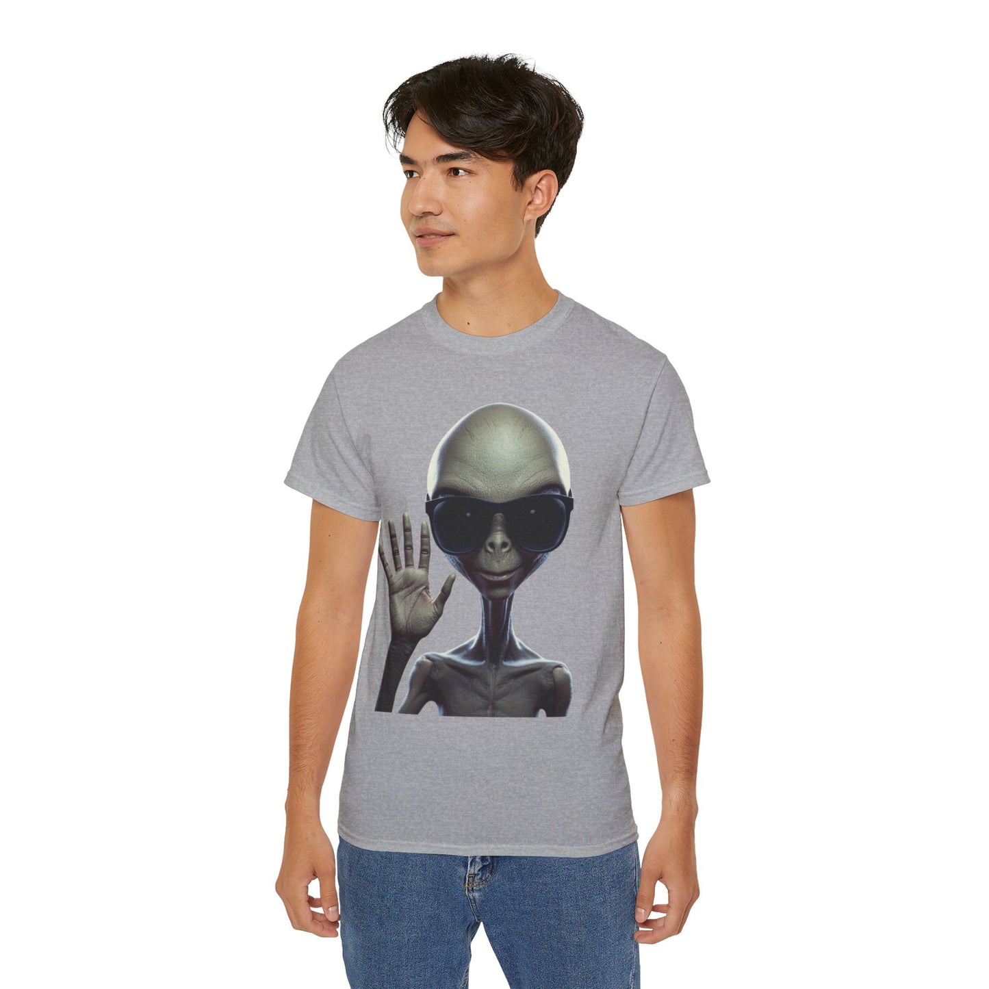 Alien Greeting T-Shirt — Retro Grey Extraterrestrial Waving Graphic Tee
