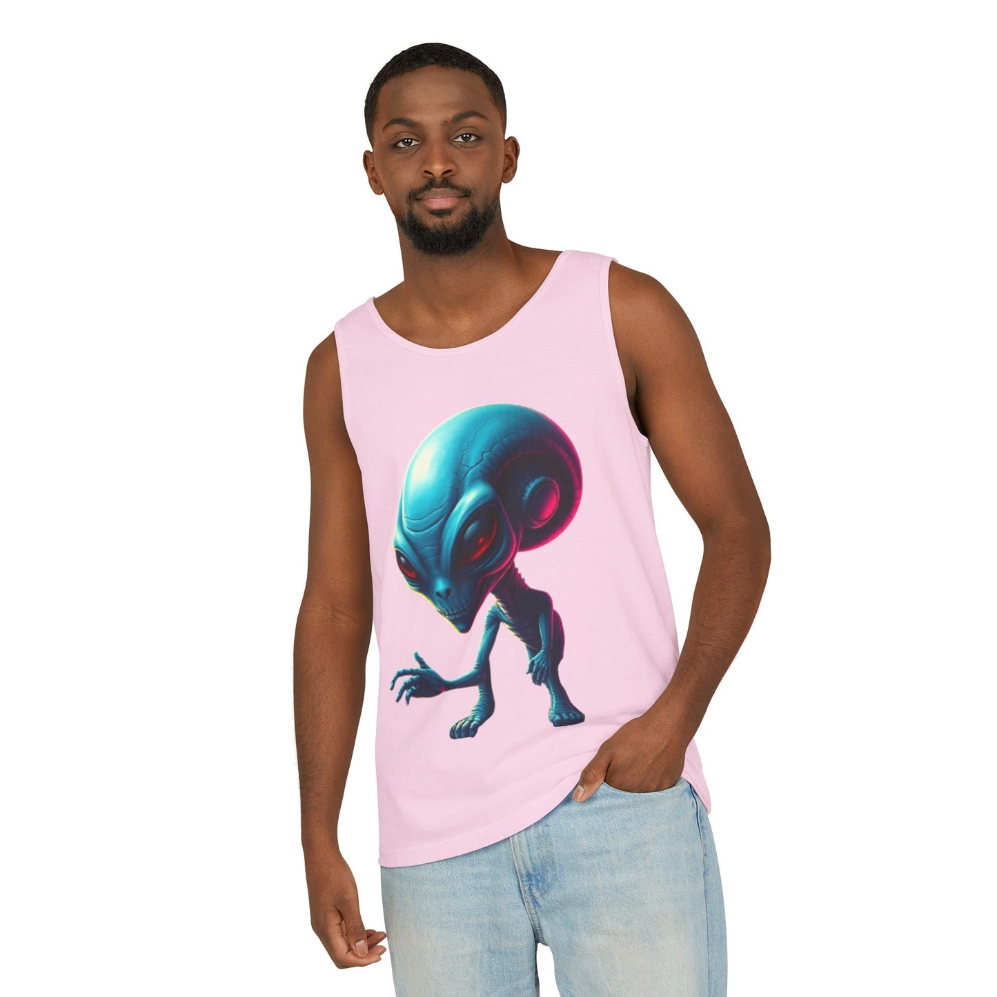 Alien Graphic Tank Top — Neon Blue Extraterrestrial Illustration