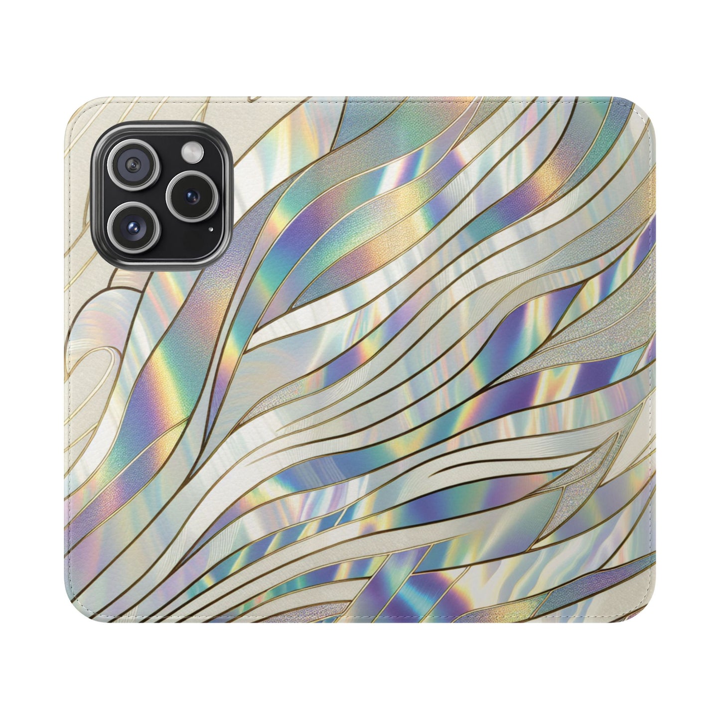 Holographic Wave Flip Phone Case — Iridescent Marble Wallet Cover